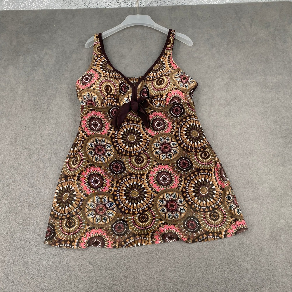 Brown Geometric Mandala Print‎ Swimdress One Piece Swimsuit Large